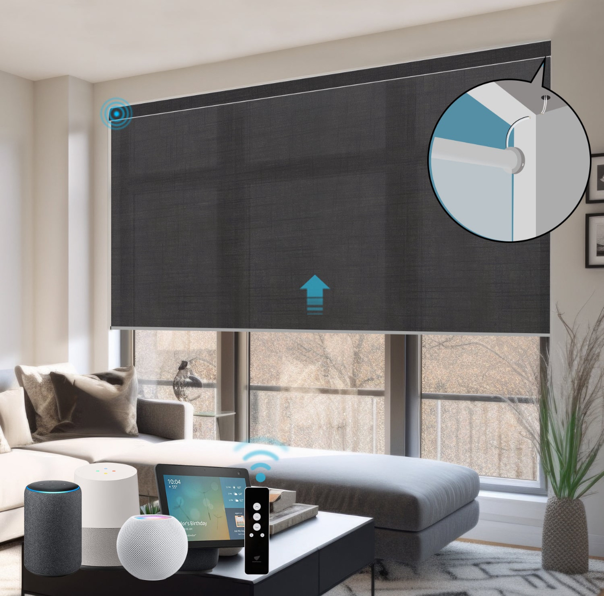 Motorized blind in a high-rise living room