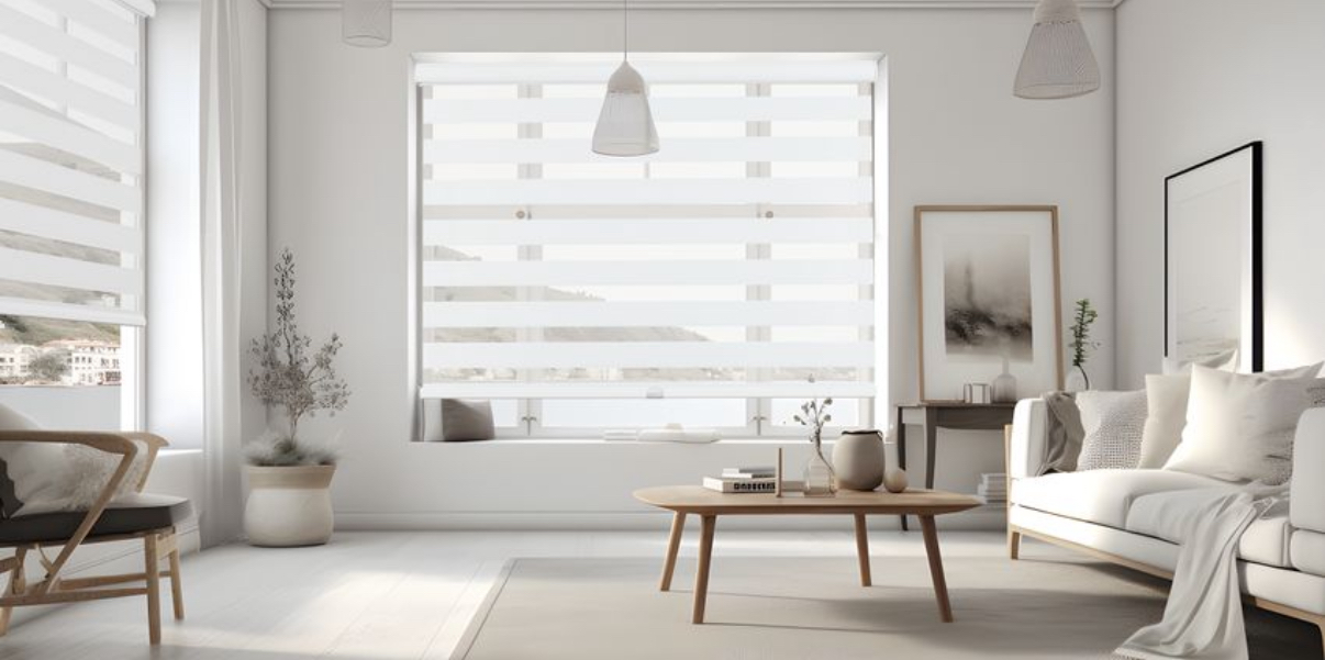 Sheer shades with skyline view